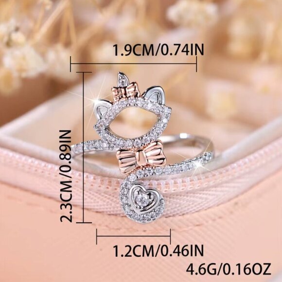 NEW 14k White Gold Cat Diamond Ring White & Pink Cat Ring Band - Picture 5 of 5